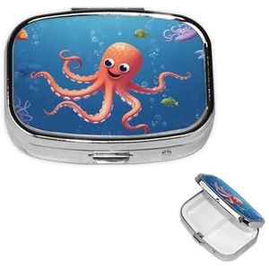 Vierkante pillenhoes voor portemonnee of zak 2 compartimenten geneeskunde pillendoos draagbare kleine pillenorganisator cartoon octopus vis pillendoos reizen medicijnen vitamine kabeljauw leverolie