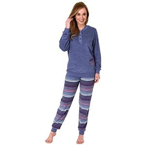 NORMANN-Wäschefabrik Dames badstof pyjama lang met manchetten - broek gestreept - ook in grote maten - 212 93 236, blauw-melange, 60/62