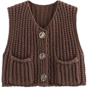 Womens Chunky Knit Crop Sweater Vest Casual,Crop Chunky Crochet Vest Tops Trendy Casual Sleeveless Knit Sweater Vest Cardigan (X-Small,Brown)
