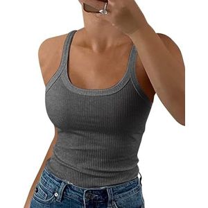 GEMBERA Vrouwen Spaghettiband Ronde Hals Geribbelde Tanktops Slank Getailleerd Katoenen Hemdje Basic Mouwloze Gelaagde Shirts, Donker Heather Grijs, L