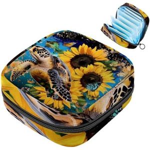 MUOOUM Zonnebloem Zeeschildpad Schildpad Schilderen Maandverband Opbergtas Menstruatie Pad Tas Draagbare Menstruatie Cup Pouch met Rits voor Tiener Meisjes Vrouwen Dames