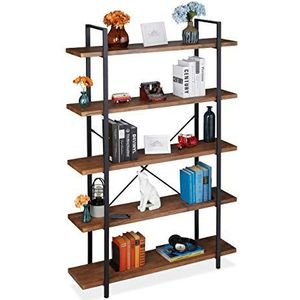 Relaxdays boekenkast met 5 etages, industrieel design, HBD: 178 x 120 x 33.5 cm, MDF & metaal, stellingkast, bruin