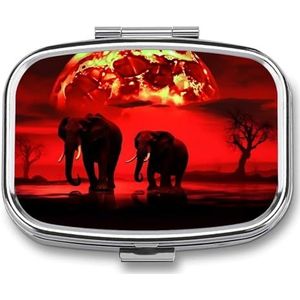 Rode Volle Maan Olifanten Pil Doos Voor Pocket Vierkante Pillendoos 2 Compartiment Decoratieve Draagbare Reizen Pil Houder Tablet Vitamine Organizer Mini Pil Case