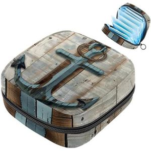 MUOOUM Houten plank blauw anker maandverband opbergtas menstruatie pad tas draagbare menstruatie cup zakje met rits voor tiener meisjes vrouwen dames