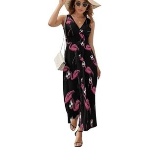 Flamingo Playing Football dames mouwloze V-hals maxi-jurk casual zomer lange jurk