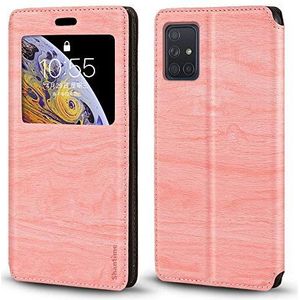 Hoesje voor Samsung Galaxy A71 van hout met kaarthouder en venster, magnetische flipcover voor Samsung Galaxy A71 (roze)