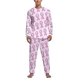 Roze lint Borstkanker Bewustzijn Zachte Heren Pyjama Set Comfortabele Lange Mouw Loungewear Top En Broek Geschenken S
