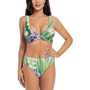 Zelinge Bikinitop met wikkelvoorkant en hoge taille onderaan, zomerzwempak met hoge taille, S-2XL, Bloem Boeket Licht Groen, S
