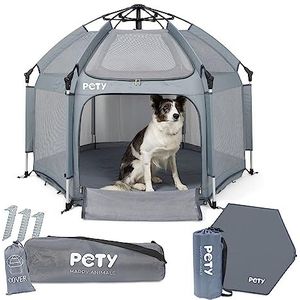 PETY Boxset voor honden, 150 x 100 cm, mobiele hondentent met draagtas, uv-dak en vloermat, voor buiten en binnen, dierenverblijf, reisaccessoires voor camping, antraciet