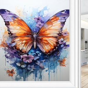 Mooie vlinder glas-in-loodfolie, aquarelfolie, bloem, fantasie, privacy van dieren, niet-klevende glasfolie, decoratieve statische hechtingsfolie voor thuiskantoor, 80 x 140 cm