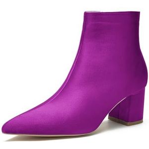 Vrouwen Chunky Blok Lage Hiel Chelsea Enkellaarsjes Puntige Neus Zijrits Kantoor Klassieke Satijnen Jurk Korte Bootie,Purper,35 EU