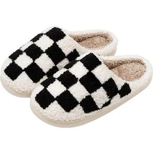 YUECIBAI Heren Womens Slippers Retro Geruite Pluche Slippers Voor Vrouwen Fuzzy Checker Gezellig Indoor Comfort Pluizige Ademend Kussen Slides Zachte Schoenen 41-42 Zwart