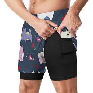 Leuke Kat Met Kleine Vogels Grappige Zwembroek Met Compressie Liner & Pocket Voor Mannen Board Zwemmen Sport Shorts