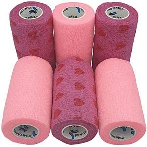 PintoMed Cohesive Bandage 3 Pink + 3 Love - 6 Rollen x 10cm x 4.5m Zelfklevende flexibele bandage, professionele kwaliteit, eerste hulp, verwondingen, individueel verpakt