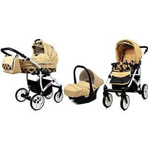 BabyLux Largo 3 in 1 Baby Reis Systeem Kinderwagen Autostoel Afneembare Regenhoes Voetenzak Dragende Wielen Pasgeborene tot Baby Gold Rainbow White Frame