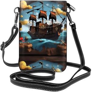 Cartoon piraat schip lederen cross body flip telefoon tas met afneembare schouderbanden, gebruikt voor reizen, dating, vakantie geschenken, Zwart, Eén maat