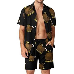 Grappige kippenborst man mannen Hawaiiaanse bijpassende set 2-delige outfits button down shirts en shorts voor strandvakantie