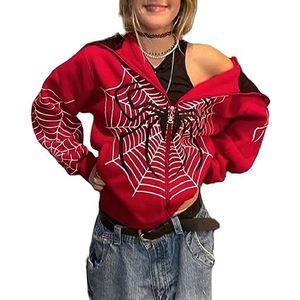 Fiauli Vrouwen Gedrukt Hoodie Hoodies Spider-Web Punk Jassen Streetwear Gothic Stijl Vintage Zip-up Hooded Jas Herfst Winter Kleding Spider Web, Rood, XXL