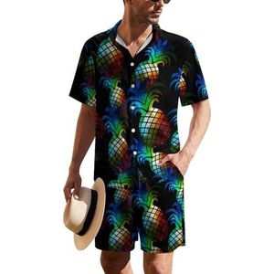 Galaxy Pineapple Hawaïaans pak voor heren, set van 2 stuks, strandoutfit, shirt en korte broek, bijpassende set