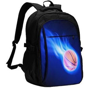 ASEELO Casual rugzak palmboom zonsondergang laptop rugzak met USB-oplaadpoort opbergtas reizen dagrugzak voor wandelen camping outdoor, Blue Fire Basketbal Bal, USB backpack