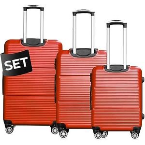 DS-Lux Hoogwaardige reiskoffer, harde koffer, trolley, rolkoffer, handbagage, ABS-kunststof met TSA-slot, 4 spinner-wielen, (S-M-L-set), Rood V2, Set, kofferset