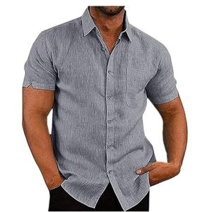Katoenen Linnen Herenoverhemd, Korte Mouwen, Normale Pasvorm, Strand-casual Overhemd, Zomeroverhemden Met Zak(Gray,4XL)