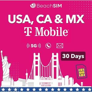 BeachSIM T-Mobile USA, Canada & Mexico. SIM Unlimited Data & Telephony & SMS (US, CA, MEX - 30 Days)