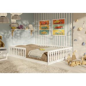 MS FACTORY Bodembed 200x140 cm - Kinderbed Met Valbeveiliging van 40 cm Hoogte - Met Matras - Peuterbed van Hout - 5 cm Poten