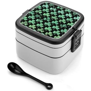 Retro Groene Klaver Patroon Bento Lunch Box Dubbellaags Alles-in-een Stapelbare Lunch Container Inclusief Lepel met Handvat