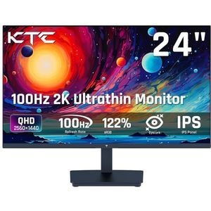 KTC Monitor 24 Inch, QHD 2K 100Hz IPS PC Monitor, 1300:1 Contrast, Blauwlichtfilter Scherm, 122% sRGB, Ondersteunt FreeSync en G-Sync, HDMI/DP/Koptelefoon voor Gaming en Kantoorwerk H24T27