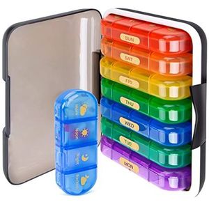 MURRI&MURRDI 7-daagse pillenorganizer met 28 cellen, grote wekelijkse pillenetui voor 4 dagelijkse compartimenten, vochtbestendige pillendoos voor vitamines, medicijnen, supplementen, meerkleurig