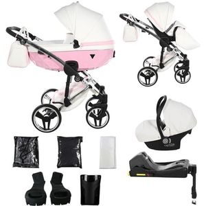 Junama Kinderwagen Candy White 2in1 3in1 4in1 (01 - wit en roze, 4in1 met ISOFIX basis)