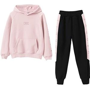 SXSHUN Trainingspak voor meisjes, 2-delig, sportpak, joggingpak, kledingset, tweedelige outfitset, sweatshirt en sportbroek met letters, strepen, motief, roze, 152-158