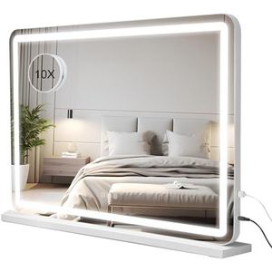 Buildonely Make-up Spiegel 80x57 cm, Cosmetica Spiegel met LED Lampen Dimbaar, 3 Verlichtingsmodi, Geheugenfunctie, USB Oplader, Touch Control, Wandmontage, Wit