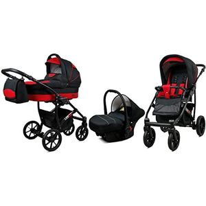 BabyLux Largo 3 in 1 Baby Reis Systeem Kinderwagen Autostoel Afneembare Regenhoes Voetenzak Dragende Wielen Pasgeborene tot Baby Black Red Black Frame