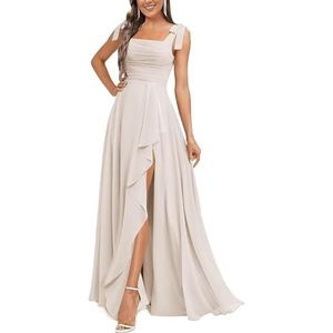 KURFACE Chiffon bruidsmeisjesjurken voor dames met split ruches lange bruidsmeisje vloerlengte formele feestjurk, Ivoor, 32