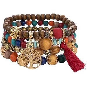 YYLUOYANG Armbanden Voor Womens 4 Stks/set Kralen Armband Set Voor Vrouwen Kwastje Multi Layer Kralen Blad Hanger Sieraden Armband, Eén maat, Hout