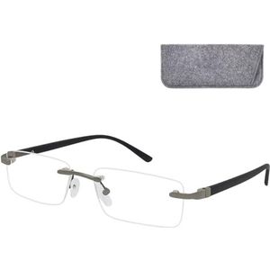Randloze bril met blauwlichtfilter, rechthoekige glazen, roestvrijstalen frame, lichte en stijlvolle blauwlichtfilter, leeshulp voor dames en heren, met etui, zwart, 1.0
