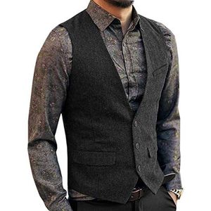 BYLUNTA Casual zwart heren tweed vest Herringbone bruiloft wol vintage slim retro S-3XL, zwart, 3XL