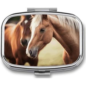 Schattige paardenpillenetui met 2 compartimenten, pillenorganizer, draagbare vierkante pillendoos, organizer voor vitaminepillen voor portemonnee en reizen