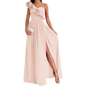Damesjurk met één schouder voor bruidsmeisjes, fluweel, mouwloos, lange formele jurk met split, Blush Roze, 32