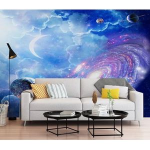 Behang Blauw Paars Maan Behang Kinderen Slaapkamer Volwassenen Woonkamer Keuken TV Achtergrond Zijdedoek Decoratie Zonder Lijm 210 x 140