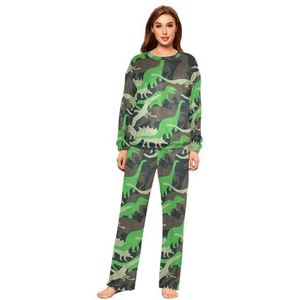 YOUJUNER Pyjama-set voor dames, groene camouflagedinosauruspatroon, winter, warme nachtkleding, zomer, loungewear, set, pyjamaset, nachtkleding set, Meerkleurig, L