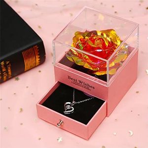 Bewaarde roos voor Valentijnsdag, simulatie bewaard gebleven roos met ketting geschenkdoos, eeuwige bloem & voor altijd roos ik hou van je ketting 100 talen cadeau set,Pink box white rose