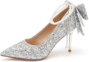 WDUDSUDUW Elegante pumps met spitse neus, glitter en strass steentjes, hoge hakken voor bruiloften, sexy en sprankelende galaschoenen voor op feestjes,Silver 2.56"",35.5 EU