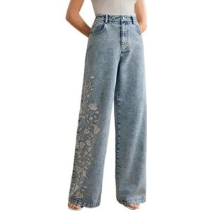 QUYBSGWJ Dames Plus Size Bloemen Geborduurde Hoge Taille Y2K Rechte Pijp Casual Stretch Jeans,Blauw,3XL