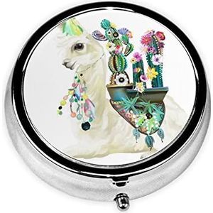 Mexicaanse Llama Cactus Ronde Pillendoos Decoratieve Doos Pillendoos, Twee Compartiment Pillendoosje