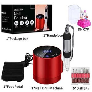 Nagelvijl elektrisch, 35000 RPM nagelboormachine, draagbare nagelboor met HD-display, professionele elektrische nagelvijlmanicuremachine met voetpedaal(Red B)