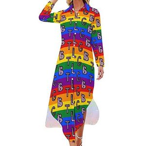 LGBT Maxi-jurk voor dames, lange mouwen, knoopjurk, casual feestjurk, lange jurk, 4XL
