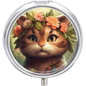 Speelse bruine kat pillendoos 3 compartimenten reispillenorganizer 3 keer per dag schattige mini-pillenetui voor portemonnee en zak draagbare metalen medicijndoos met spiegel ronde dagelijkse